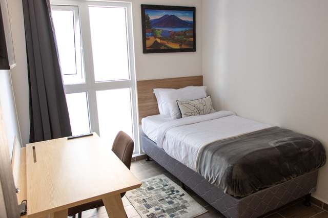 Cama individual y escritorio junto a una ventana con vista